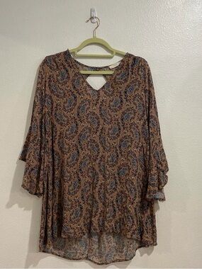 Lush Pink Paisley Bell Sleeve High Lo Oversized Tunic Blouse Boho Sz S